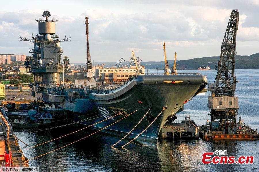 Russia\'s aircraft carrier, the Admiral Kuznetsov, was damaged in Murmansk when the dry dock PD-5 where it was undergoing a refit sank on Oct. 30, 2018, sending a giant crane crashing on to the ship. PD-5 is known as one of the world\'s largest floating dry docks. (Photo/Agencies)