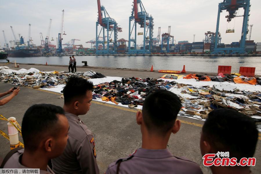 Indonesian policemen stand as they take a look to recovered debris and belongings of Lion Air flight JT610, that crashed into the sea, at Tanjung Priok port in Jakarta, Indonesia, October 31, 2018. (Photo/Agencies)