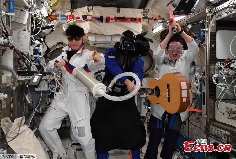 International Space Station (ISS) crew members Serena Aunon-Chancellor of the U.S, Alexander Gerst of Germany and Sergey Prokopyev of Russia mark Halloween in this photo released November 1, 2018.(Photo/Agencies)