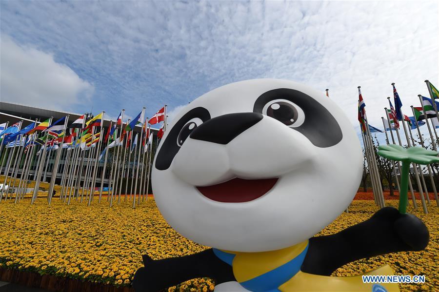 Jinbao, mascot of the first China International Import Expo (CIIE), is seen in front of the National Exhibition and Convention Center (Shanghai), the main venue to hold the CIIE, in Shanghai, east China. The CIIE is scheduled to be held from Nov. 5 to 10 in Shanghai.(Xinhua/Han Yuqing)(wsw)