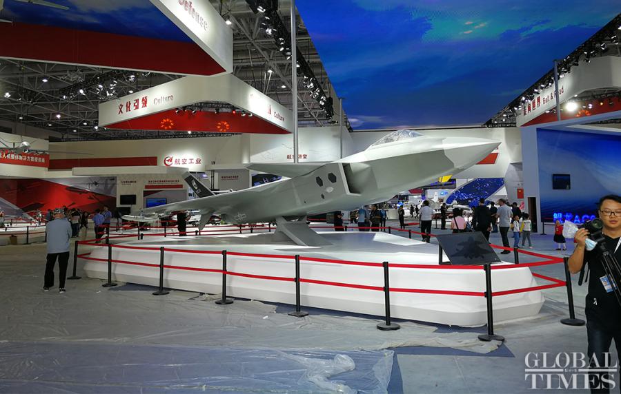 A model of a Chinese stealth fighter jet J-20 is displayed inside a venue at Air Show China 2018. (Photo: Yang Sheng/GT)