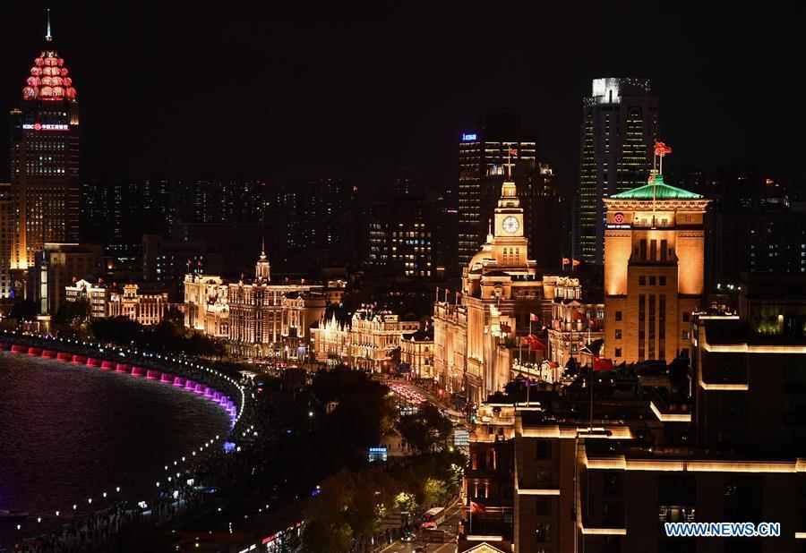 Photo taken on Nov. 2, 2018 shows the night view of Shanghai, east China. The first China International Import Expo (CIIE) will be held here on Nov. 5-10. (Xinhua/Chen Yehua)