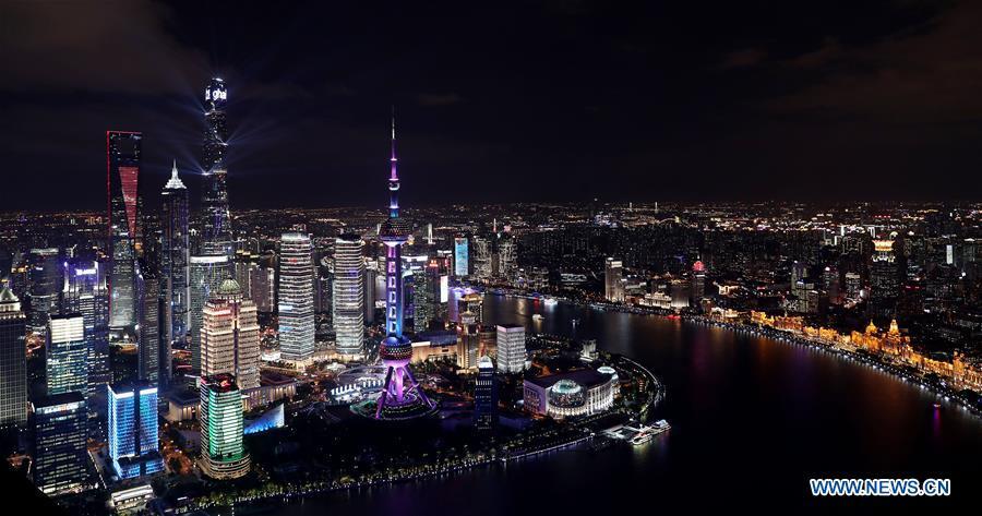 Photo taken on Nov. 1, 2018 shows the night view of Shanghai, east China. The first China International Import Expo (CIIE) will be held on Nov. 5-10 in Shanghai. (Xinhua/Fang Zhe)