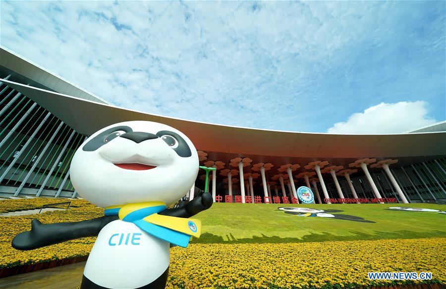 Jinbao, mascot of China International Import Expo (CIIE), is seen at the National Exhibition and Convention Center (Shanghai), the main venue of the upcoming first CIIE in Shanghai,east China, Nov. 4, 2018. The expo is scheduled to be held here from Nov. 5 to 10. (Xinhua/Chen Jianli)