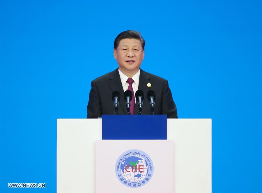 Chinese President Xi Jinping delivers a keynote speech at the opening ceremony of the first China International Import Expo in Shanghai, east China, Nov. 5, 2018.(Xinhua/Yao Dawei)