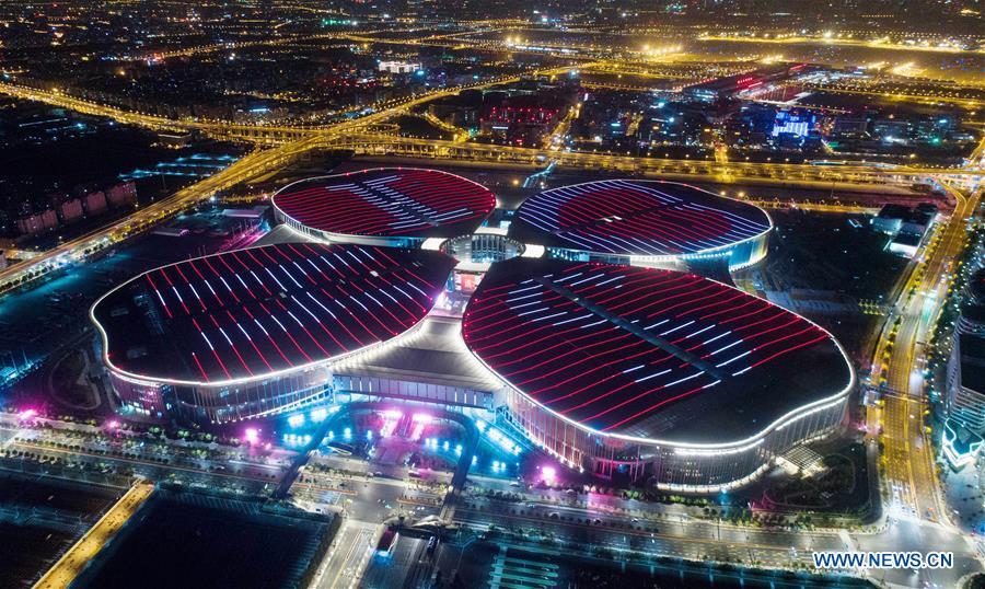 Aerial photo taken on Oct. 21, 2018 shows the National Exhibition and Convention Center (Shanghai), the main venue of the upcoming first China International Import Expo (CIIE), scheduled to be held from Nov. 5 to 10, in Shanghai, east China. (Xinhua/Ding Ting)