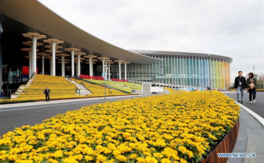Photo taken on Nov. 2, 2018 shows flowers at the National Exhibition and Convention Center (Shanghai), the main venue of the upcoming first China International Import Expo (CIIE), in Shanghai,east China. The expo is scheduled to be held here from Nov. 5 to 10. (Xinhua/Fang Zhe)