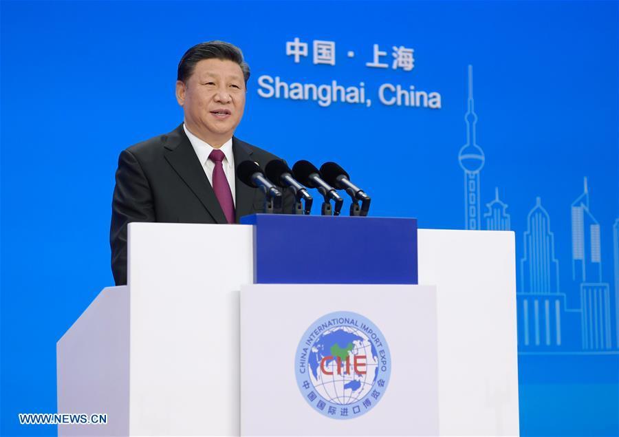 Chinese President Xi Jinping delivers a keynote speech at the opening ceremony of the first China International Import Expo in Shanghai, east China, Nov. 5, 2018.(Xinhua/Li Xueren)