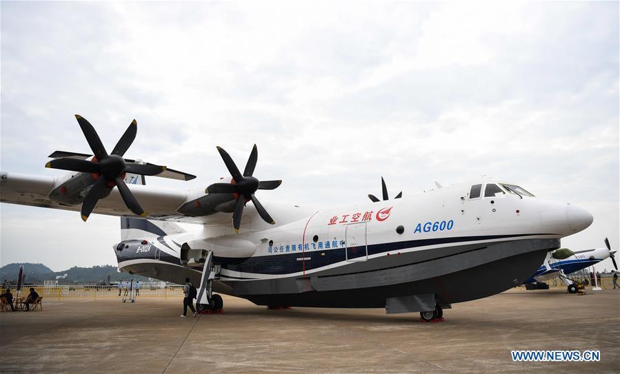 Photo taken on Nov. 5, 2018 shows AG600, China\'s independently-developed large amphibious aircraft, at the exhibition area of the upcoming China International Aviation and Aerospace Exhibition in Zhuhai, south China\'s Guangdong Province. The exhibition is scheduled to be held on Nov. 6-11. (Xinhua/Deng Hua)
