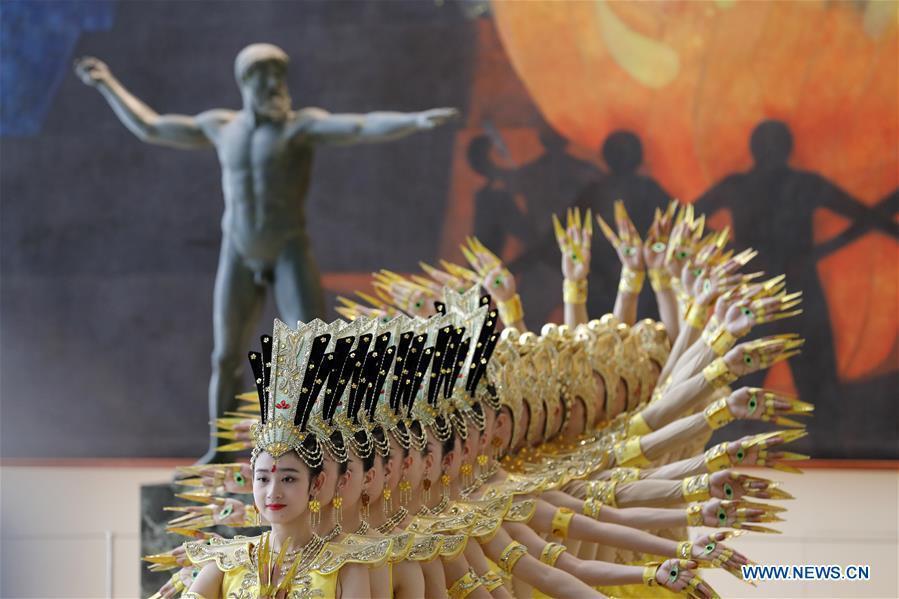 Artists of China Disabled People\'s Performing Art Troupe perform Thousand-hand Bodhisattva dance at the United Nations headquarters in New York, on Nov. 5, 2018. This event is co-sponsored by the United Nations Postal Administration (UNPA) along with the Permanent Mission of China to the UN, which holds the presidency of the Security Council for November. (Xinhua/Li Muzi)
