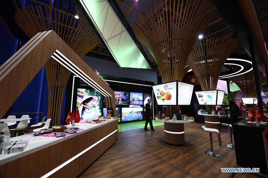 Photo taken on Nov. 5, 2018 shows the Vietnam pavilion during the first China International Import Expo (CIIE) in Shanghai, east China. A total of 82 countries and three international organizations showcased their achievements in economic and trade development as well as competitive products at 71 booths in the Country Pavilion for Trade and Investment at the CIIE. (Xinhua/Han Yuqing)