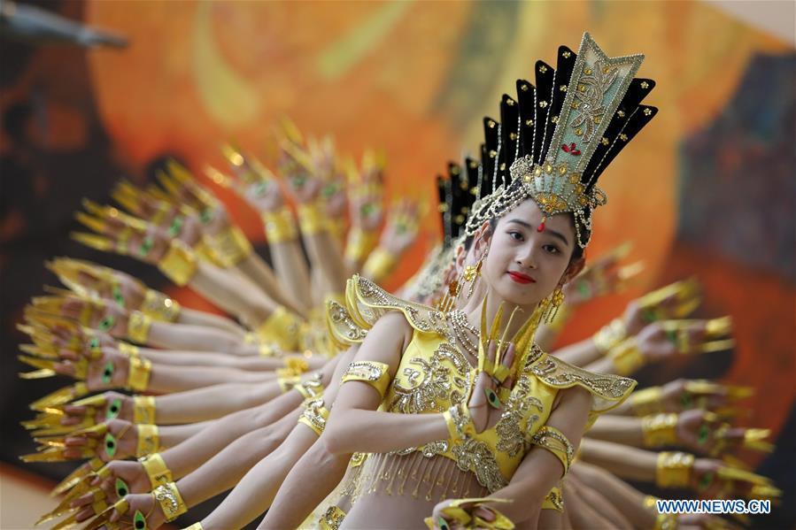 Artists of China Disabled People\'s Performing Art Troupe perform Thousand-hand Bodhisattva dance at the United Nations headquarters in New York, on Nov. 5, 2018. This event is co-sponsored by the United Nations Postal Administration (UNPA) along with the Permanent Mission of China to the UN, which holds the presidency of the Security Council for November. (Xinhua/Li Muzi)