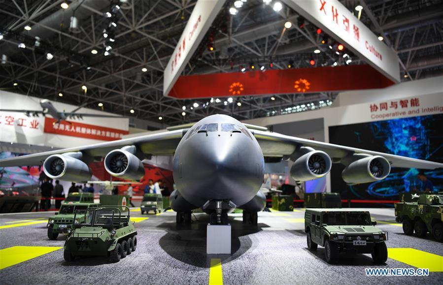 Photo taken on Nov. 5, 2018 shows a Y-20 model at the AVIC (Aviation Industry Corporation of China, Ltd.) exhibition area of the upcoming China International Aviation and Aerospace Exhibition in Zhuhai, south China\'s Guangdong Province. The exhibition is scheduled to be held on Nov. 6-11. (Xinhua/Deng Hua)