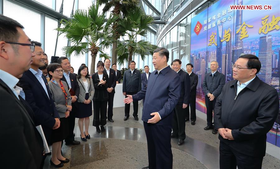 Xi Jinping, general secretary of the Communist Party of China (CPC) Central Committee, Chinese president and chairman of the Central Military Commission, speaks while inspecting the Lujiazui Financial City CPC construction service center in the Shanghai Tower to learn the CPC construction work of the skyscrapers in Pudong New District of Shanghai, east China, Nov. 6, 2018. Xi Jinping inspected Shanghai on Tuesday. (Xinhua/Xie Huanchi)