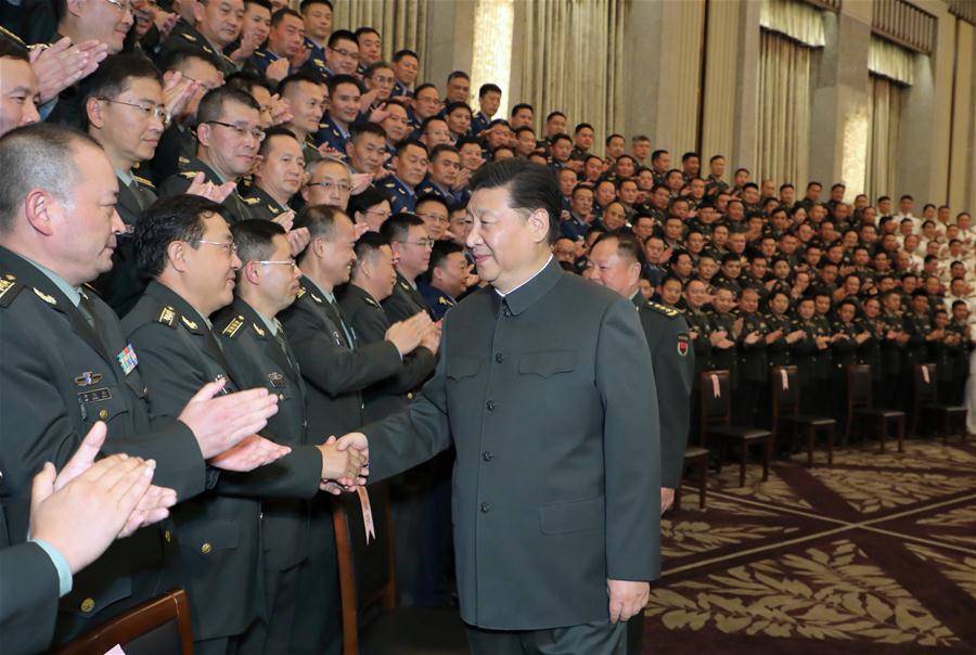 Chinese President Xi Jinping, also general secretary of the Communist Party of China Central Committee and chairman of the Central Military Commission, meets with senior military officers stationed in east China\'s Shanghai, Nov. 6, 2018. Xi Jinping made a two-day inspection in Shanghai, which ended on Wednesday. (Xinhua/Li Gang)