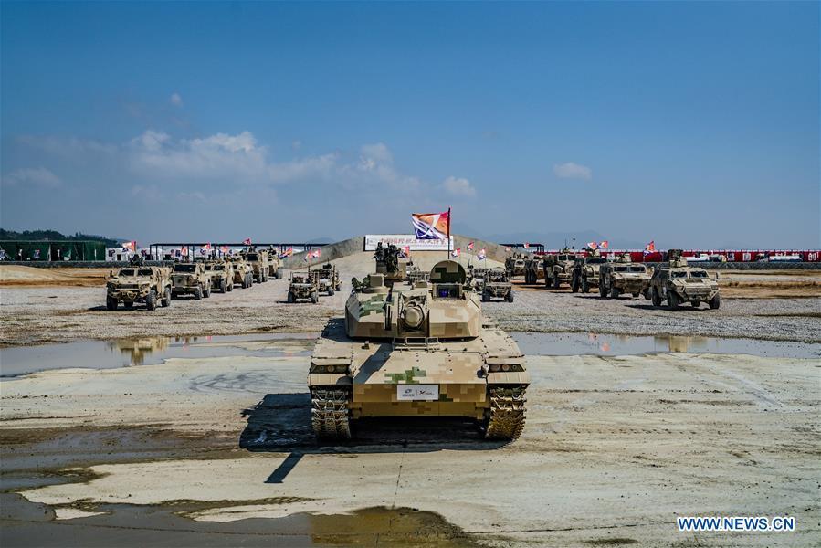 Photo taken on Nov. 7, 2018 shows armored vehicles after a dynamic display of ground military equipments at the 12th China International Aviation and Aerospace Exhibition (Airshow China) in Zhuhai, south China\'s Guangdong Province. (Xinhua/Yang Guang)