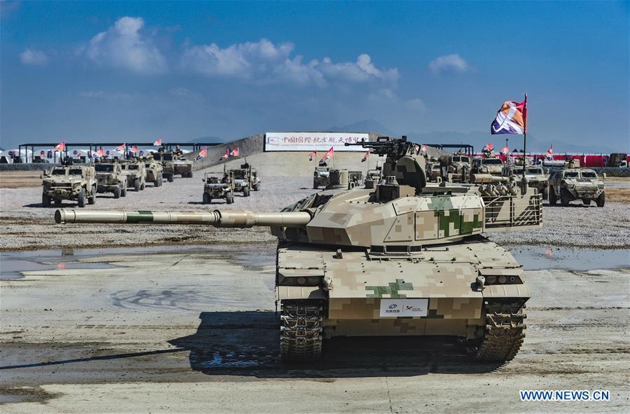 Photo taken on Nov. 7, 2018 shows armored vehicles after a dynamic display of ground military equipments at the 12th China International Aviation and Aerospace Exhibition (Airshow China) in Zhuhai, south China\'s Guangdong Province. (Xinhua/Yang Guang)