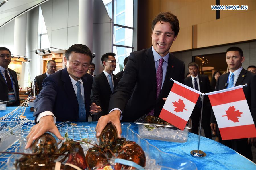 File photo taken on Sept. 3, 2016 shows Canadian Prime Minister Justin Trudeau and Alibaba Chairman Jack Ma grabbing lobsters imported from Canada at the headquarters of Alibaba in Hangzhou, capital of east China\'s Zhejiang Province. (Xinhua/Jin Liangkuai)