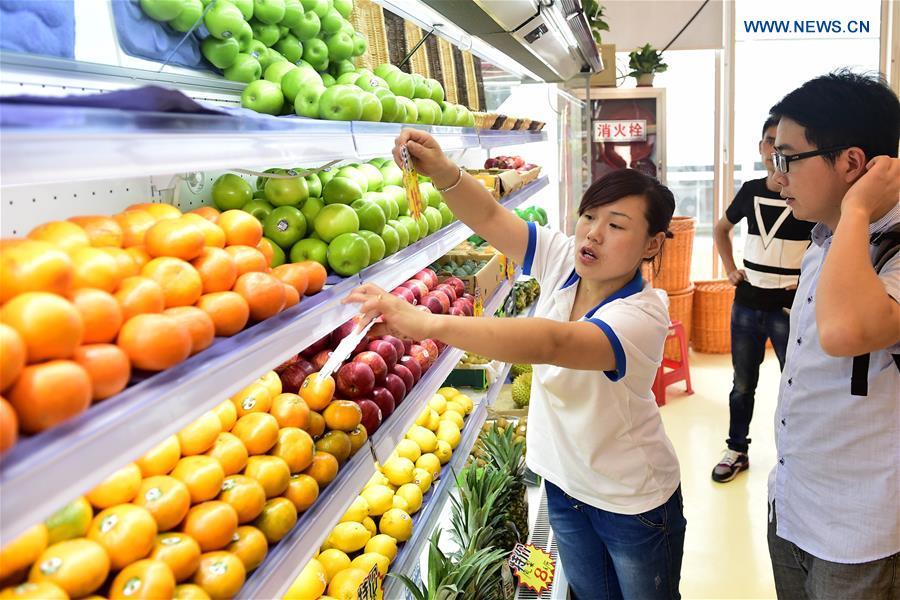 A staff member introduces imported fruits to a customer at the Anhui provincial imported goods direct selling center in Hefei, capital of east China\'s Anhui Province, July 31, 2016. (Xinhua/Liu Junxi)