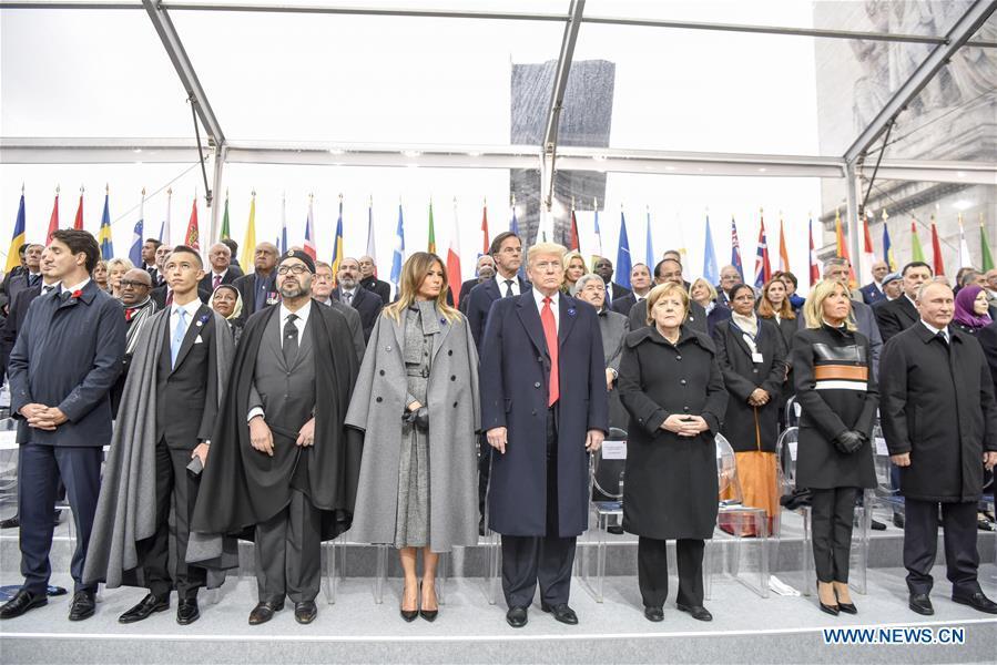 Russian President Vladimir Putin (1st R, Front), German Chancellor Angela Merkel (3rd R, Front) and U.S. President Donald Trump (4th R, Front) attend a ceremony to mark the centenary of the Armistice of the First World War in Paris, France, Nov. 11, 2018. (Xinhua/Chen Yichen)