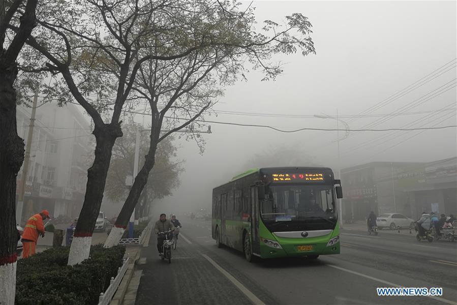 Photo taken on Nov. 13, 2018 shows vehicles and citizens moving in thick fog in Xingtai, north China\'s Hebei Province. (Xinhua/Huang Tao)