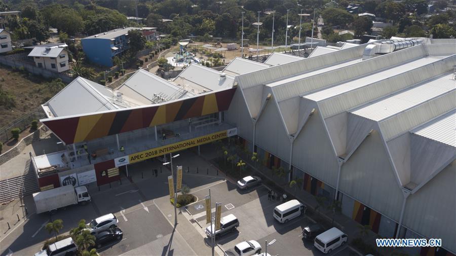 Aerial photo taken on Nov. 9, 2018 shows the APEC 2018 International Media Centre in Port Moresby, Papua New Guinea (PNG). PNG, comprising about 600 small islands, is the host of the APEC meetings this year. The media centre opened to journalists on Monday and will be in use until Nov. 18. (Xinhua/Lui Siu Wai)