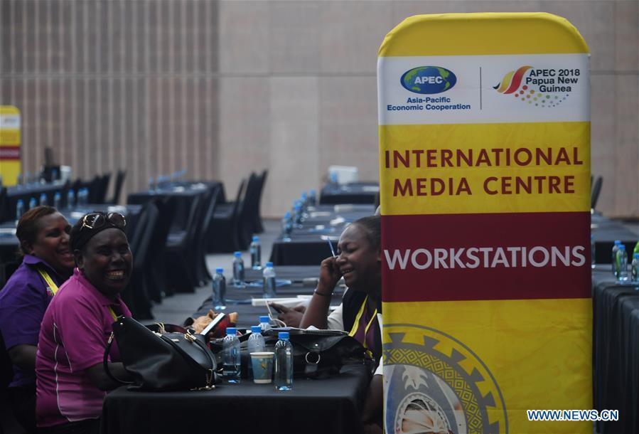 Photo taken on Nov. 13, 2018 shows the APEC 2018 International Media Centre in Port Moresby, Papua New Guinea (PNG). PNG, comprising about 600 small islands, is the host of the APEC meetings this year. The media centre opened to journalists on Monday and will be in use until Nov. 18. (Xinhua/Lui Siu Wai)