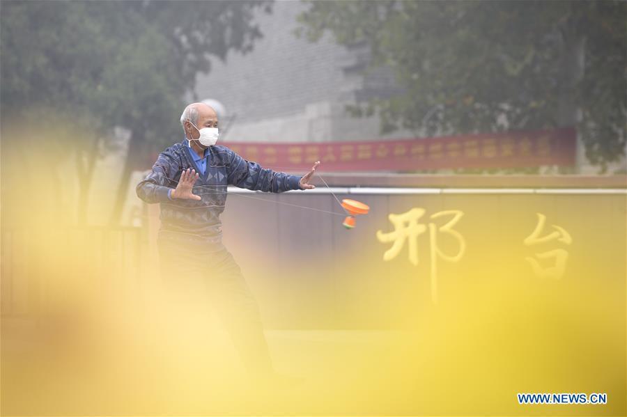 A citizen is seen doing morning exercise in a park in thick fog in Xingtai, north China\'s Hebei Province, Nov. 13, 2018. (Xinhua/Chen Lei)