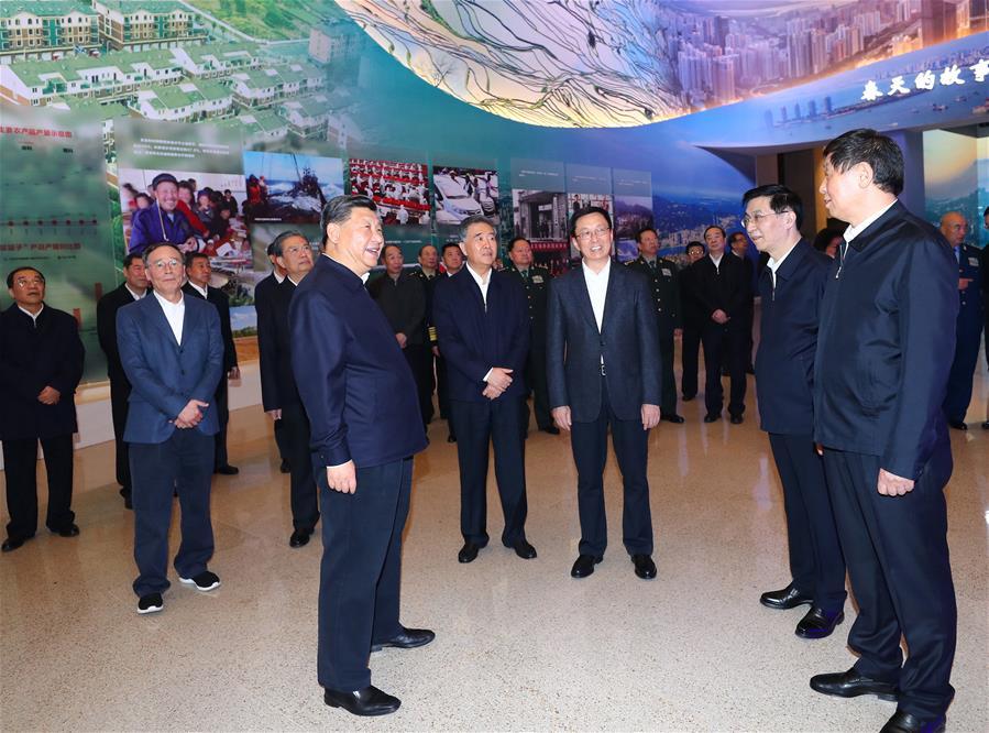 Chinese President Xi Jinping, also general secretary of the Communist Party of China (CPC) Central Committee and chairman of the Central Military Commission, visits a major exhibition to commemorate the 40th anniversary of China\'s reform and opening-up at the National Museum of China in Beijing, capital of China, Nov. 13, 2018. Li Zhanshu, Wang Yang, Wang Huning, Zhao Leji, Han Zheng and Wang Qishan also visited the exhibition. (Xinhua/Xie Huanchi)