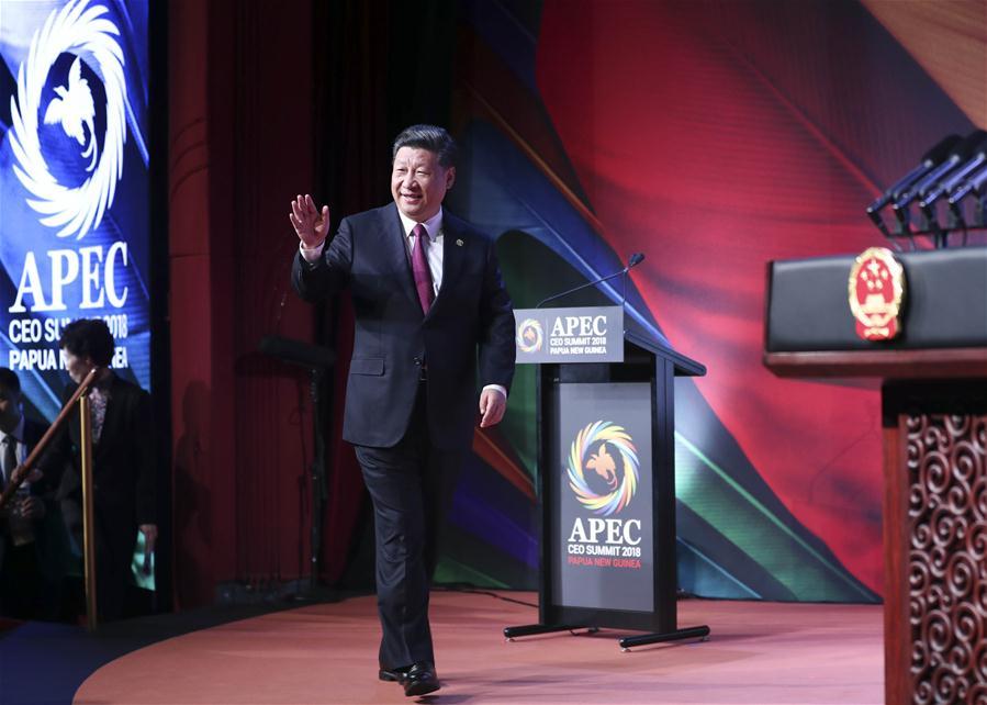 Chinese President Xi Jinping enters the venue of the Asia Pacific Economic Cooperation (APEC) CEO Summit in Port Moresby, Papua New Guinea, on Nov. 17, 2018. Xi delivered a keynote speech titled Jointly Charting a Course Toward a Brighter Future while attending the summit. (Xinhua/Ding Lin)