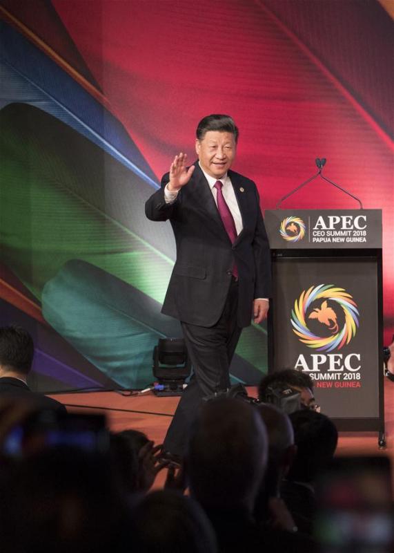 Chinese President Xi Jinping enters the venue of the Asia Pacific Economic Cooperation (APEC) CEO Summit in Port Moresby, Papua New Guinea, on Nov. 17, 2018. Xi delivered a keynote speech titled Jointly Charting a Course Toward a Brighter Future at the summit. (Xinhua/Huang Jingwen)