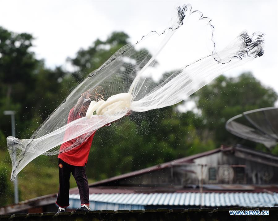 A fisherman works at the Water Village in Bandar Seri Begawan, capital of Brunei, on Nov. 18, 2018. (Xinhua/Wang Shen)