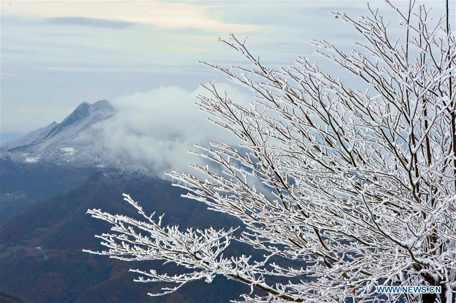 Photo taken on Nov. 18, 2018 shows snow scenery at Zhanjiapo Village in Houping Town, Baokang County, central China\'s Hubei Province. (Xinhua/Yang Tao)