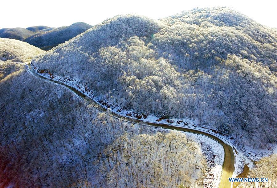 Aerial photo taken on Nov. 18, 2018 shows snow scenery at Dashui forest in Longping Town, Baokang County, central China\'s Hubei Province. (Xinhua/Yang Tao)