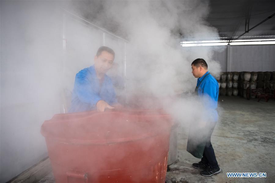 Workers cook rice to make wine at Shaoxing Nuerhong Winery Company in Shaoxing, east China\'s Zhejiang Province, Nov. 21, 2018. The company maintains its traditional rice wine brewing method, which is composed of nearly 20 processing steps. (Xinhua/Weng Xinyang)