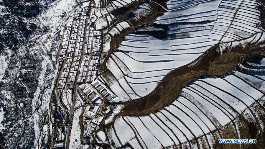 Aerial photo taken on Nov. 24, 2018 shows winter scenery in Xiaqunsi Forest Park of Ping\'an County, northwest China\'s Qinghai Province. (Xinhua/Wu Gang)