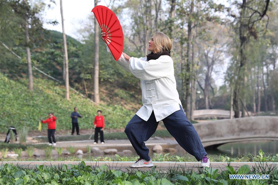 Ana Fidalgo practices Taiji fan in Chenjiagou Village of Wenxian County, central China\'s Henan Province, Nov. 20, 2018. Ana, who comes from Sao Paulo, Brazil, loves Chinese culture, and is a fan of Taiji. It\'s the third time that she comes to Chenjiagou Village to study Taiji. She has taught what she has learned in China in her hometown when coming back to Brazil in recent years, hoping to benefit more people. (Xinhua/Xu Hongxing)
