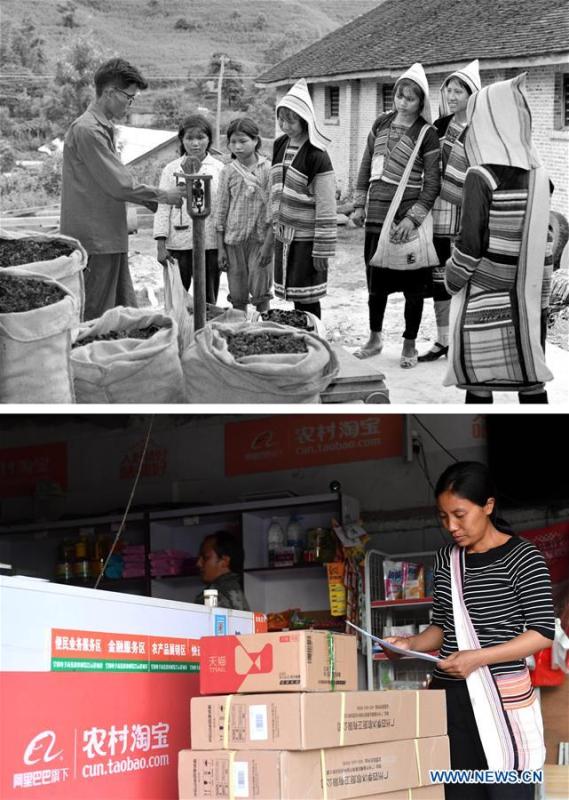 This combination photo shows Jino villagers selling edible fungi and bamboo shoots in 1981 (above, file photo); and Jino villager Li Xiaohui arranging goods at her own e-commerce center in Baduo Village of Jino Ethnic Township on Jino Mountain, Nov. 20, 2018 (below, photo by Lin Yiguang). With a population of slightly over 20,000, the Jino people had only been officially acknowledged in 1979 as an independent ethnic group of China. Until 1949, most of them had lived for generations in primitive mountain tribes in southwest China\'s Yunnan Province. Over the four decades since it embraced the reform and opening-up policy, China has spared no effort to support ethnic groups with smaller populations. Life on Jino Mountain, where most Jino communities are located, saw positive changes in parallel with improvements in local politics, economy, technology, education, culture, health care, ecology, ethnic development and other social undertakings. Just like its 55 ethnic brethren, the Jino people also benefit from China\'s reform and opening-up in seeking a prosperous life. In Jino Ethnic Township on the Jino Mountain, residents now have direct access to road, water, electricity, TV and radio, as well as the mobile network. Ninety percent of the residents have moved into new houses. Most residents own motorcycles and tractors, and some of them have purchased cars. More people have increased their income by selling local specialty products via the internet, whereas in the past, doing business was perceived as a shame. Currently, the primary education in Jino Ethnic Township achieved 100 percent coverage for all school-age children. More than 99 percent of residents have joined the rural cooperative medical insurance programme. The Jino ethnic culture undergoes protection and inheritance: the great drum dance of the Jino people has been listed as one of China\'s national intangible cultural heritages. (Xinhua)