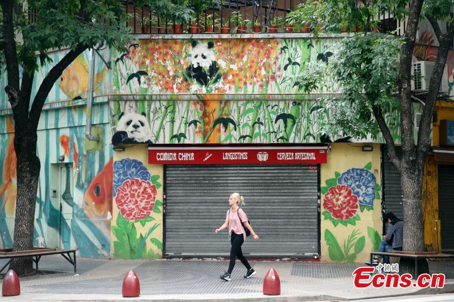 A girl walks in front of a shop with images of pandas marked on its wall at the Chinatown in Buenos Aires, capital of Argentina on November 27, 2018. The 13th G20 summit, under the theme of Building Consensus for Fair and Sustainable Development, will be held in the South American country from Friday to Saturday. (Photo: China News Service/ Sheng Jiapeng)