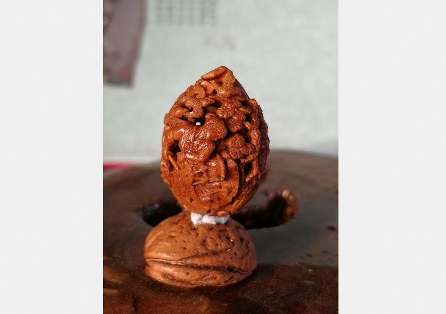 A peach pit carvings by Li Chen. (Photo provided to chinadaily.com.cn)

In 2016, Li became a provincial-level inheritor of the intangible cultural heritage and founded a micro-carving base in the village. His creations also include root carving, wood carving, jade carving and stone carving.

An increasing number of local villagers have been learning from Li, starting their own handicraft businesses.

\