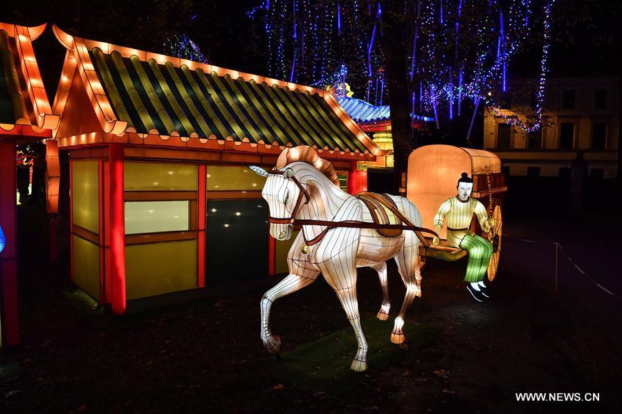 Photo taken on Nov. 30, 2018 shows giant lanterns during the Lantern Festival of Gaillac in Gaillac, France. The 2nd Lantern Festival of Gaillac will open to the public from Dec. 1, 2018 to Feb. 6, 2019, during which 42 sets of Chinese lanterns from Zigong City of southwest China\'s Sichuan Province are presented to visitors. (Xinhua/Chen Yichen)