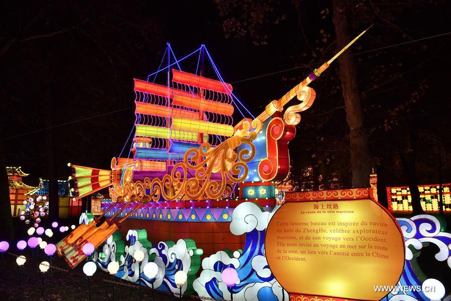 Photo taken on Nov. 30, 2018 shows giant lanterns during the Lantern Festival of Gaillac in Gaillac, France. The 2nd Lantern Festival of Gaillac will open to the public from Dec. 1, 2018 to Feb. 6, 2019, during which 42 sets of Chinese lanterns from Zigong City of southwest China\'s Sichuan Province are presented to visitors. (Xinhua/Chen Yichen)