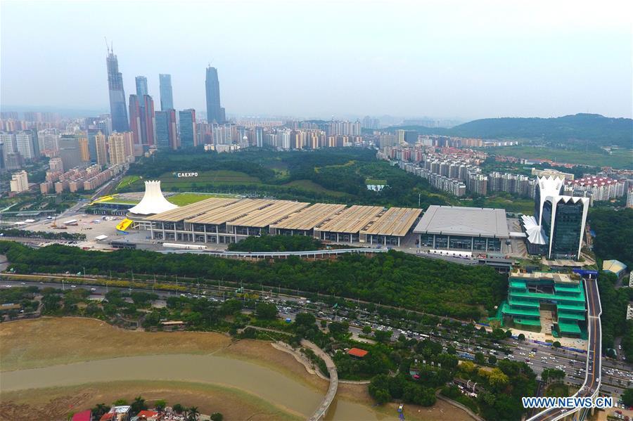 Aerial photo taken on Sept. 6, 2018 shows Nanning International Convention and Exhibition Center in Nanning, capital city of south China\'s Guangxi Zhuang Autonomous Region. This year marks the 60th anniversary of the establishment of the Guangxi Zhuang Autonomous Region. (Xinhua/Wei Xiuling)