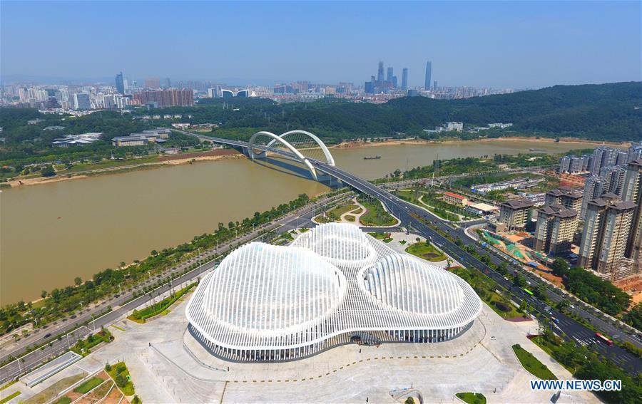 Aerial photo taken on Oct. 4, 2018 shows the Guangxi Culture Artistic Center in Nanning, capital city of south China\'s Guangxi Zhuang Autonomous Region. This year marks the 60th anniversary of the establishment of the Guangxi Zhuang Autonomous Region. (Xinhua/Wei Xiuling)