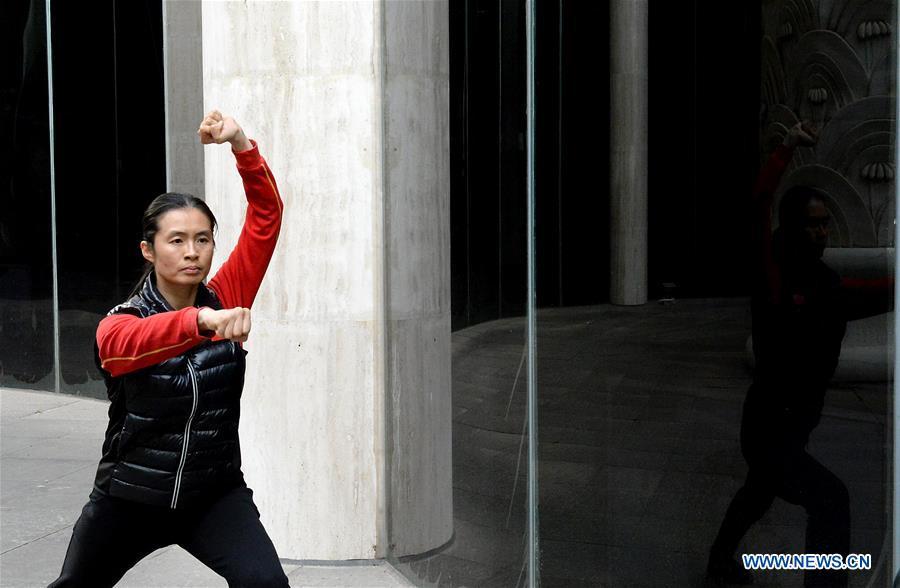 Huo Jinghong, the 5th generation descendant of Huo Yuanjia, a Chinese martial arts master, practices Huo-style boxing at Huo Yuanjia Memorial in Xiaonanhe Village of Jingwu Township in Tianjin, north China\'s Municipality, Nov. 28, 2018. As the descendant of Huo Yuanjia, one of China\'s most revered martial arts masters, Huo Jinghong, 41, started practicing martial arts at the age of 5. After her graduation from the Wushu School of Beijing Sport University in major of Wushu Routine, Huo started her career as a gym teacher of Tianjin University of Commerce in the year of 2000. As a gym teacher, Huo teaches martial arts for the university team and offers classes on health Qigong, a new form selected from different versions of traditional Qigong for modern fitness, in the university. Later in 2015, Huo became the inheritor of Huo-style boxing, which was listed as an intangible cultural heritage in Tianjin, and since then, she has devoted herself to the inheritance and development of the martial arts handed down from the older generation of Huo\'s family. She hoped that the Huo-style boxing would help people understand more about the Chinese martial arts. Huo Yuanjia was born in Tianjin in 1868. He founded the Chin Woo Athletic Association in 1910 in Shanghai and advocated the spirit of \
