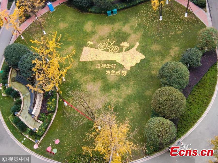 Sanitation workers collect fallen leaves and use them to form various patterns on ground in Qingyang district of Chengdu, Southwest China’s Sichuan province on December 4, 2018. (Photo/VCG)