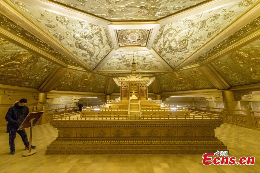This photo shows the palace that preserved original Tang Dynasty (AD618-907) architecture in Taiyuan Longquan Temple, Shanxi Province, on December 7, 2018. It took 65 tons of pure copper to repair the palace. (Photo: China News Service/ Wei Liang)