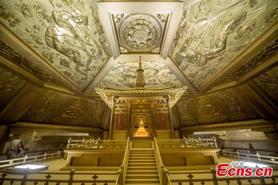 This photo shows the palace that preserved original Tang Dynasty (AD618-907) architecture in Taiyuan Longquan Temple, Shanxi Province, on December 7, 2018. It took 65 tons of pure copper to repair the palace. (Photo: China News Service/ Wei Liang)