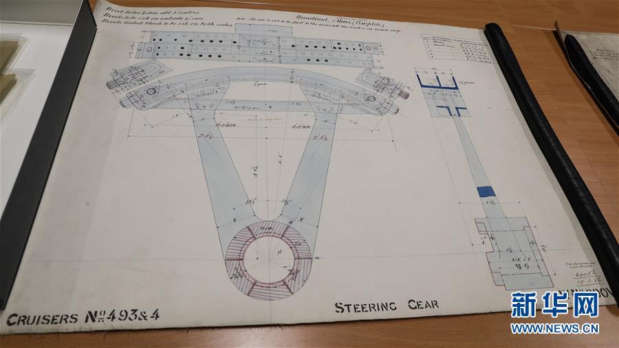 Archivist Rachel Gill shows the original designs for Chinese cruiser Zhiyuan at Tyne & Wear Archives in the city of Newcastle upon Tyne, England, Nov. 2, 2018. Zhiyuan, built and completed in England in 1887, was one of the most advanced warships in the Beiyang Fleet. It sank after the imperial Chinese navy was defeated in 1894 by the Japanese navy in the Battle of the Yellow Sea. The museum has a set of seven design drawings related to the Chinese cruiser. (Photo/Xinhua)