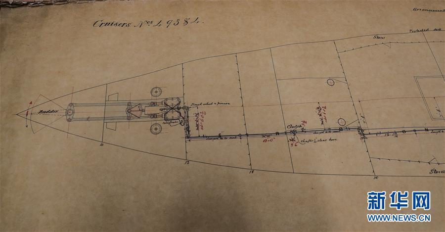 Archivist Rachel Gill shows the original designs for Chinese cruiser Zhiyuan at Tyne & Wear Archives in the city of Newcastle upon Tyne, England, Nov. 2, 2018. Zhiyuan, built and completed in England in 1887, was one of the most advanced warships in the Beiyang Fleet. It sank after the imperial Chinese navy was defeated in 1894 by the Japanese navy in the Battle of the Yellow Sea. The museum has a set of seven design drawings related to the Chinese cruiser. (Photo/Xinhua)